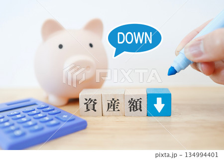 資産額ダウンを示す豚の貯金箱のイメージ。 134994401
