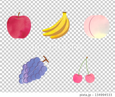使用水彩紋理繪製的水果插圖（蘋果、香蕉、桃子、葡萄、櫻桃） 134994533