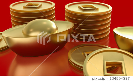 Luxury Golden Chinese Ingots and Coins on Red Background 3d render. 134994557