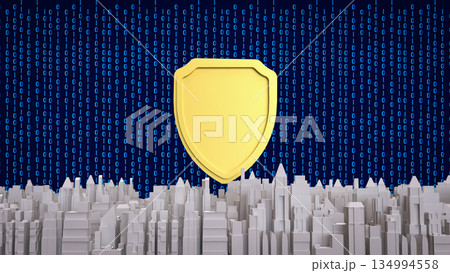 Cybersecurity Shield Protecting Digital City Infrastructure 3d render. 134994558
