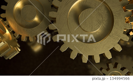 Golden Mechanical Gears Concept Representing Industry Engineering and Business Efficiency 3d render. Golden Mechanical Gears Concept Representing Industry Engineering and Business Efficiency 3d render. 134994566
