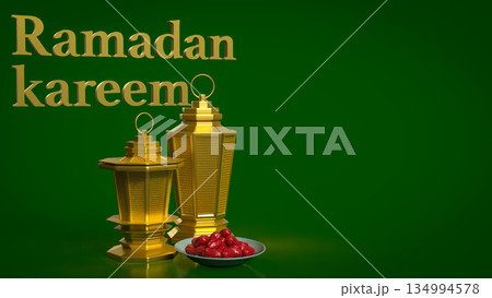 Ramadan Kareem Greeting with Golden Lanterns on Green Background 3d render. Ramadan Kareem Greeting with Golden Lanterns on Green Background 3d render. 134994578