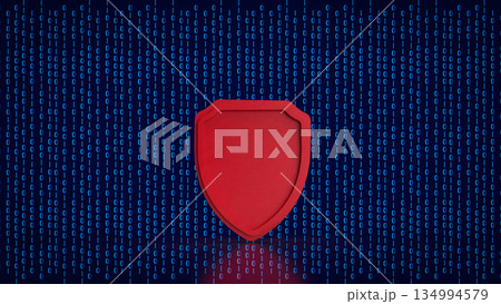 Red Cybersecurity Shield on Binary Data Background 3d render. 134994579