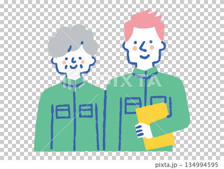 作業着姿で並ぶ年配の女性と青年_色 134994595