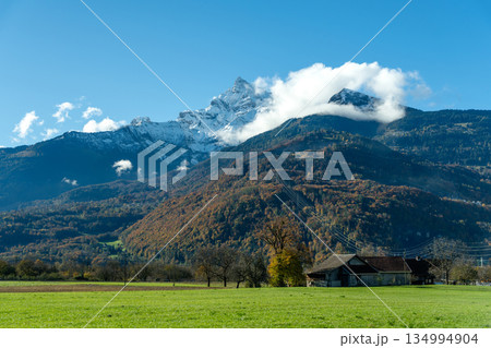 ベックスの平原の農地とグラン・ミュヴラン雪山の秋の景色。ベックス、ヴォー州、スイス 134994904