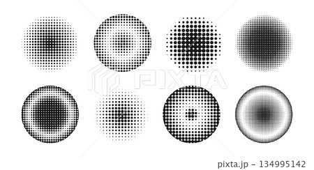 Set of round frames and concentric circles with polka dot texture. Circular shapes with noise, mosaic or grain comic cartoon visual effect isolated on white background. Vector graphic illustration 134995142