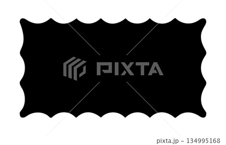 Black rectangle shape with curvy edges. Rectangular geometric form with undulated borders. Blank stamp, textbox, tag or label template isolated on white background. Vector graphic illustration 134995168