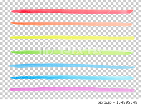 Decorative hand-painted watercolor single line set of 7 colors (red, orange, yellow, yellow-green, light blue, blue, purple) 134995349