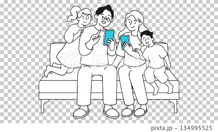 Line drawing illustration of a family consulting and sharing information on a smartphone. Character representation depicting everyday life and digital services. 134995525