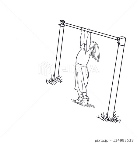 鉄棒にぶら下がる子どもの線画|Child hanging on a horizontal bar l 鉄棒にぶら下がる子どもの線画|Child hanging on a horizontal bar l 134995535