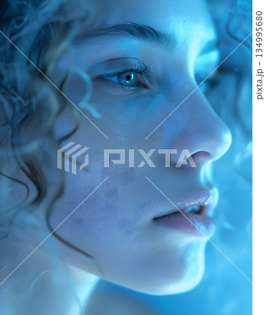 Close-Up of Womans Face Bathed in Blue Hour Glow with Peaceful Expression and Natural Texture Close-Up of Womans Face Bathed in Blue Hour Glow with Peaceful Expression and Natural Texture 134995680