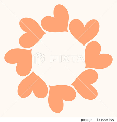 Simple circular frame made of bold pink heart shapes arranged in a clean, modern ring. Minimal and playful design perfect for Valentines Day, love themed graphics, cards, stickers, and invitations 134996159