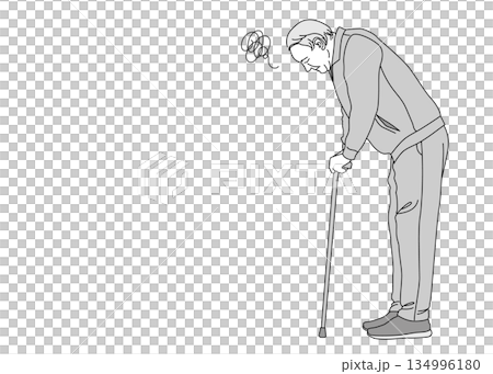 An old man standing with a cane and sighing Illustration of an old man, full body sideways An old man standing with a cane and sighing Illustration of an old man, full body sideways 134996180