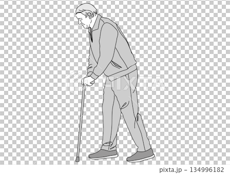 両手で杖をついて歩いている老人 高齢の男性のイラスト 全身横向き 両手で杖をついて歩いている老人 高齢の男性のイラスト 全身横向き 134996182