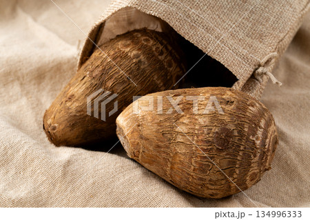 布の上に置かれた里芋(土垂)のクローズアップ 布の上に置かれた里芋(土垂)のクローズアップ 134996333