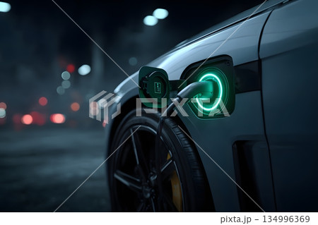 電気自動車の充電プラグとグリーンLED 134996369