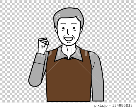 正面向き。ガッツポーズをするシャツとベストを着た高齢男性。 134996835