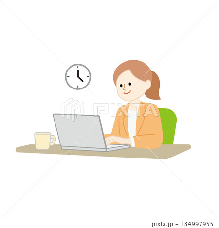 パソコンで仕事をするビジネスウーマンのイラスト 134997955