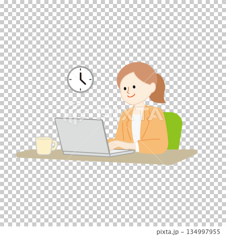 パソコンで仕事をするビジネスウーマンのイラスト 134997955