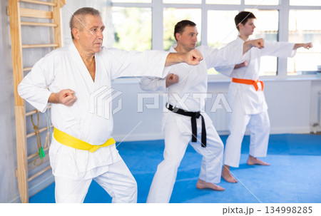 Aged judo fighter practicing punching and blocking techniques during kata with group 134998285