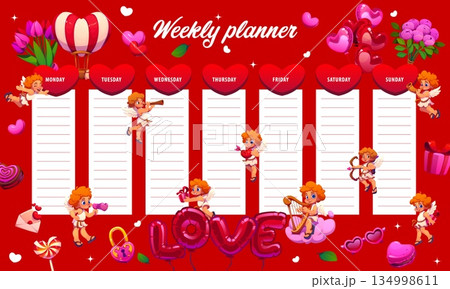 Weekly planner schedule with love hearts, cherub cupids and gifts, vector week plan template. Cartoon funny angels on clouds with Valentine hearts on weekly schedule planner or to do list organizer Weekly planner schedule with love hearts, cherub cupids and gifts, vector week plan template. Cartoon funny angels on clouds with Valentine hearts on weekly schedule planner or to do list organizer 134998611