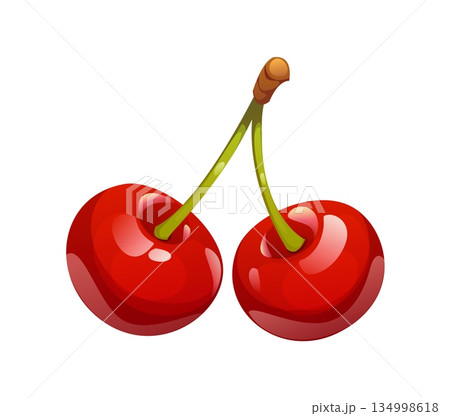 Cartoon ripe cherry berry, isolated vector raw cherries pair attached to stem, glisten, showcasing their deep red glossy skin. Fresh natural summer dessert with sweet flavor and natural freshness 134998618