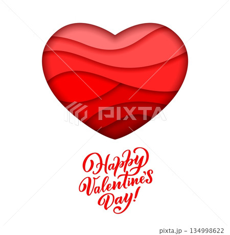 Paper cut Valentine love heart for holiday greeting card, vector banner. Happy Valentine day paper cut heart frame with red and pink cutout layers for love greeting, wedding or marriage trendy design 134998622