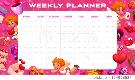 Weekly planner with cute Valentine cherubs, hearts and flowers, vector week schedule template. Weekly planner with cupid angels, wedding rings and cake with pink hearts for week schedule planner 134998624