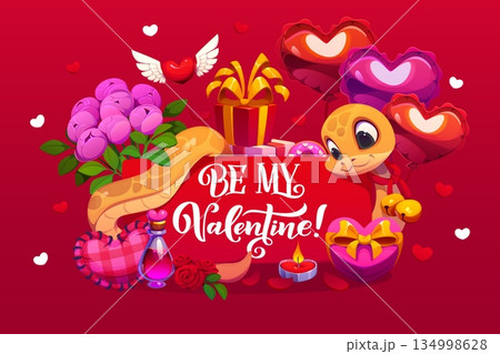 Valentine Day greeting card with gifts and cheerful snake for love holiday, cartoon vector. Be My Valentine quote phrase for greeting card with cute snake, heart balloons, flowers and romantic gifts 134998628