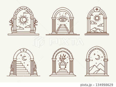 Mystic Boho arches with magic Bohemian doorway and esoteric ornaments, vector symbols. Boho arches or Medieval door arc with celestial stars and sun, mason eye and moon, flowers vase of Bohemian magic 134998629