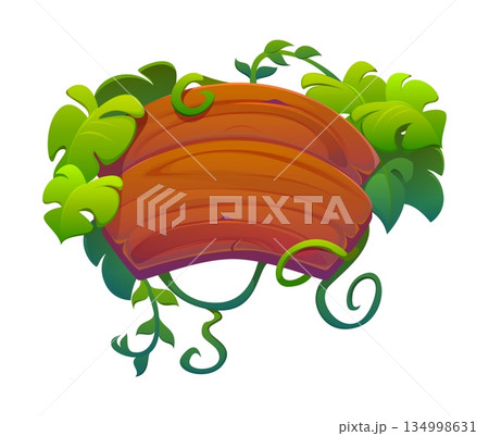 Jungle forest adventure wooden sign in liana vines frame, vector cartoon signboard. Tropical jungle plants with wooden sign board plate with rainforest tendrils of liana leaves for adventure game 134998631