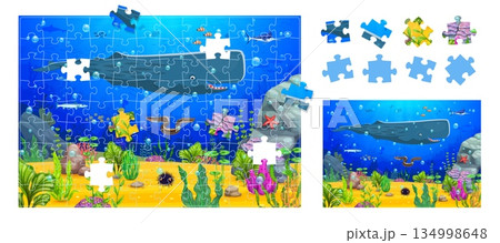 Jigsaw puzzle game pieces of underwater landscape background with sea animals and seaweeds, vector worksheet. Kids jigsaw puzzle game with cartoon undersea funny whale cachalot and fish characters Jigsaw puzzle game pieces of underwater landscape background with sea animals and seaweeds, vector worksheet. Kids jigsaw puzzle game with cartoon undersea funny whale cachalot and fish characters 134998648