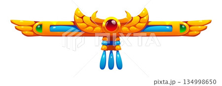 Ancient ornament, Egyptian divider vector border frame. Golden symbol with wide spread wings and scarab jewel glows in tones of amber, blue and emerald. Egyptian mythology or fantasy game decoration 134998650