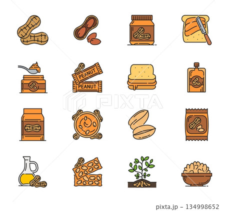 Peanut food and butter line icons of groundnut arachis products, vector pictograms. Peanut food and snacks color line icons of nut oil and butter spread on sandwich, roasted and peeled groundnuts Peanut food and butter line icons of groundnut arachis products, vector pictograms. Peanut food and snacks color line icons of nut oil and butter spread on sandwich, roasted and peeled groundnuts 134998652