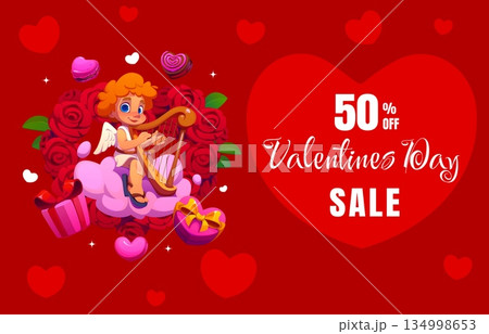 Cartoon cherub cupid angel on Valentine day sale banner with hearts and gifts, vector shop ad poster. Valentine day sale and love holiday discount promo banner with cute cupid on cloud with flowers Cartoon cherub cupid angel on Valentine day sale banner with hearts and gifts, vector shop ad poster. Valentine day sale and love holiday discount promo banner with cute cupid on cloud with flowers 134998653