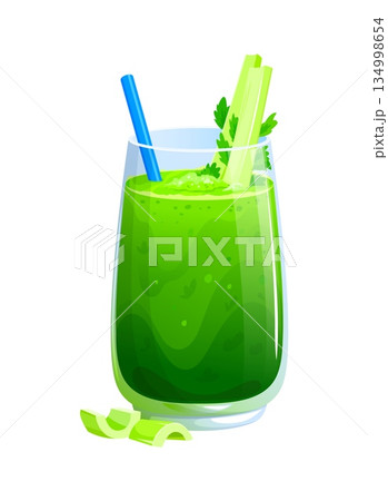 Green vegan smoothie vector drink blended with herbs and leafy ingredients, topped with frothy bubbles and garnished with celery stalks. Healthy food, detox diet, organic smoothie drink 134998654