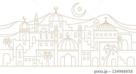 Arabian city landscape. Ramadan holiday silhouette with muslim mosques, oriental houses and minarets, palm trees and desert hills under crescent moon. Eid Mubarak celebration 134998658