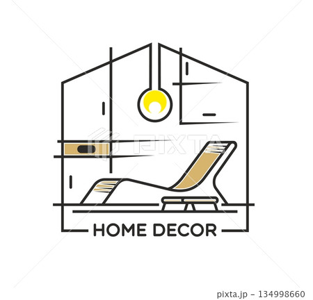 Home interior emblem vector icon. Brown chaise lounge chair under a glowing yellow lamp above highlights. Vector interior decor service symbol for furniture store, real estate and architect company Home interior emblem vector icon. Brown chaise lounge chair under a glowing yellow lamp above highlights. Vector interior decor service symbol for furniture store, real estate and architect company 134998660