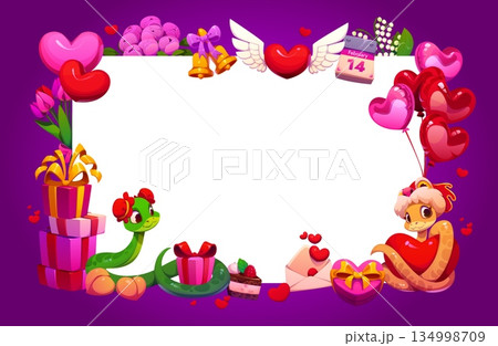 Valentine day greeting card template with heart balloons and snakes, vector background. Valentine day or love holiday greeting card frame of hearts, wedding gifts and flowers with funny snakes in love Valentine day greeting card template with heart balloons and snakes, vector background. Valentine day or love holiday greeting card frame of hearts, wedding gifts and flowers with funny snakes in love 134998709