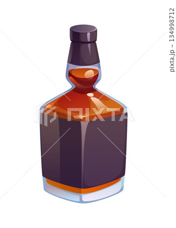 Cartoon alcohol drink or beverage. Dark liquor bottle with a square glass base, deep amber liquid, and black cap. Vector container representing luxury alco beverage packaging and strong drink branding 134998712