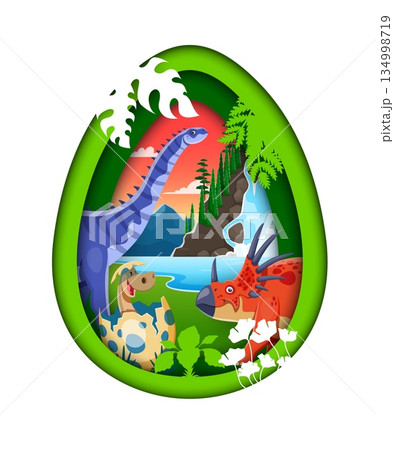 Paper cut dino egg with cartoon funny prehistoric dinosaurs. Green dinosaur egg cutout showing prehistoric scene with blue sauropod, red triceratops and baby dinosaur hatching Paper cut dino egg with cartoon funny prehistoric dinosaurs. Green dinosaur egg cutout showing prehistoric scene with blue sauropod, red triceratops and baby dinosaur hatching 134998719
