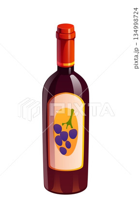 Cartoon grape wine alcohol beverage in dark bottle. Vector red wine bottle with front label and red cap. Vector beverage features dark red wine in glass bottle with cork cap for menu and invitations Cartoon grape wine alcohol beverage in dark bottle. Vector red wine bottle with front label and red cap. Vector beverage features dark red wine in glass bottle with cork cap for menu and invitations 134998724
