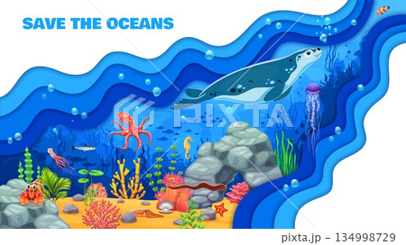 Save the oceans paper cut banner with sea...のイラスト素材 [134998729] - PIXTA