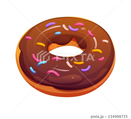 Cartoon donut, fast food dessert. Isolated vector doughnut treat drizzled with chocolate icing and colorful sprinkles. Bakery, confection or pastry combines rich cocoa flavor with a sweet topping Cartoon donut, fast food dessert. Isolated vector doughnut treat drizzled with chocolate icing and colorful sprinkles. Bakery, confection or pastry combines rich cocoa flavor with a sweet topping 134998735