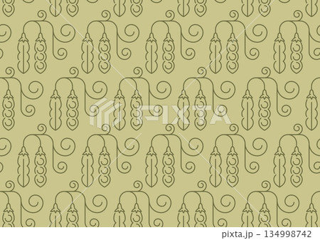 Soy beans pattern background, pods with beans and curly vines. Eco friendly pattern for textile print, food label, organic food or product packaging. Vector minimal wallpaper, modern fabric pattern 134998742