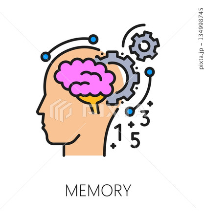 Kids memory cognitive ability color line icon or symbol. Memory brain function outline vector sign, cognitive ability improvement pictogram or symbol with brain, cogwheels in human head silhouette 134998745