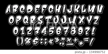 Cartoon graffiti font or urban street art typeface letters, Vector English alphabet. Cartoon font of graffiti hip hop type with grunge ABC letters on wall in rounded shape for old school typeface Cartoon graffiti font or urban street art typeface letters, Vector English alphabet. Cartoon font of graffiti hip hop type with grunge ABC letters on wall in rounded shape for old school typeface 134998752