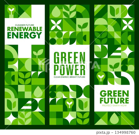 Renewable green energy banners with geometric nature pattern, vector backgrounds. Eco energy, sustainable technology and green power banners of geometric pattern for nature ecology protection 134998760