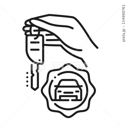 Driving school icon for drive training with car key and exam pass badge, vector pictogram. Driving school line icon of car key in hand for driver test and exam success in vehicle drive education 134998761