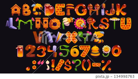 Cartoon honey bee font, apiary typeface, beekeeping type, sweet english alphabet. Funny kid font vector typography set with honey jar, bee, honeycomb and hive letters and numbers. Cute beehive abc Cartoon honey bee font, apiary typeface, beekeeping type, sweet english alphabet. Funny kid font vector typography set with honey jar, bee, honeycomb and hive letters and numbers. Cute beehive abc 134998763